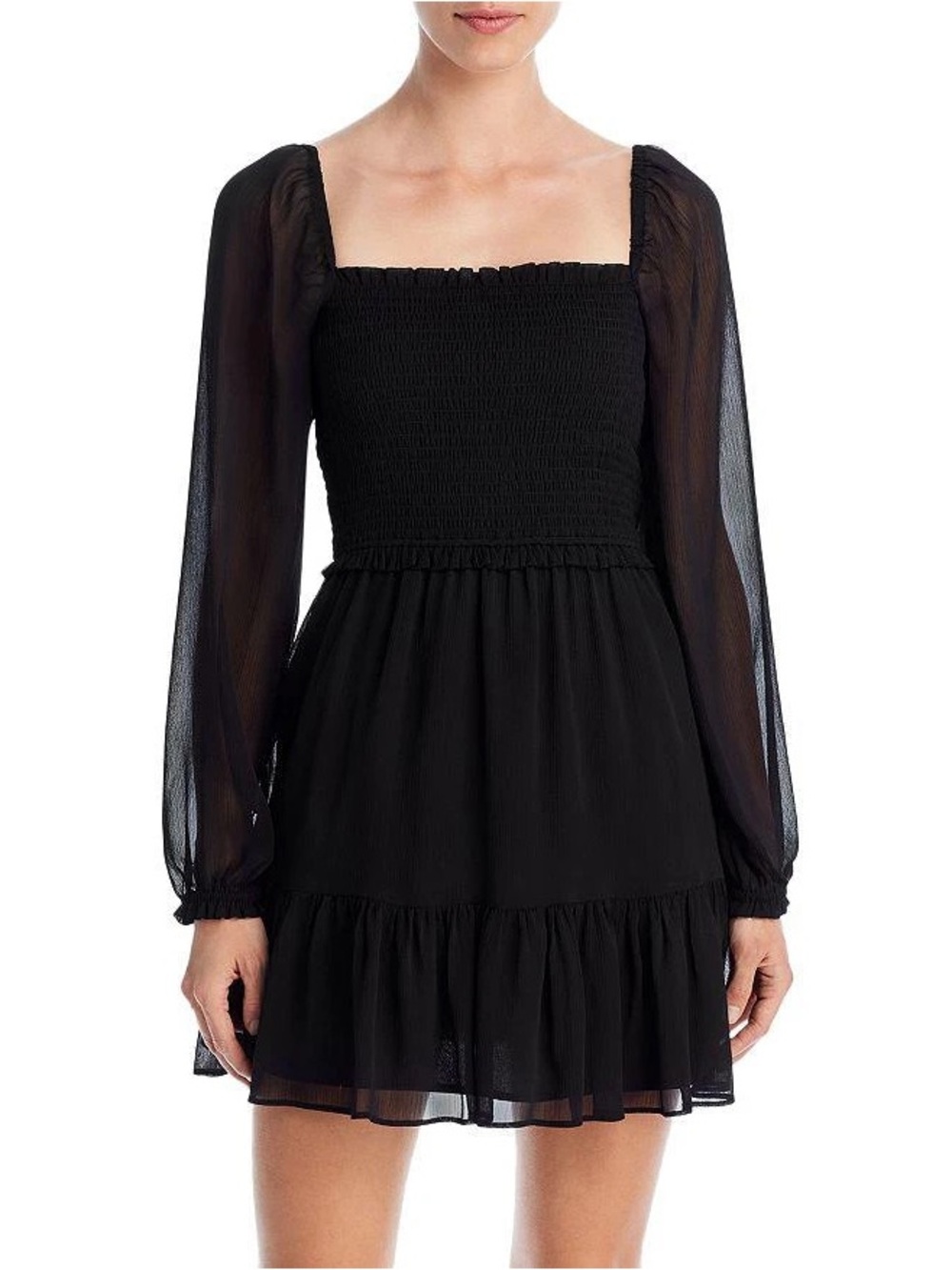 1State Black Tiered Smocked Long-sleeve Sheer Mini Dress size S